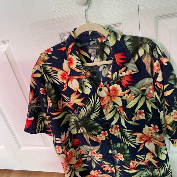 Van Heusen Shirt Men's Size Blue Orange Hawaiian Short Sleeve Button Dow  XL - Picture 1 of 6